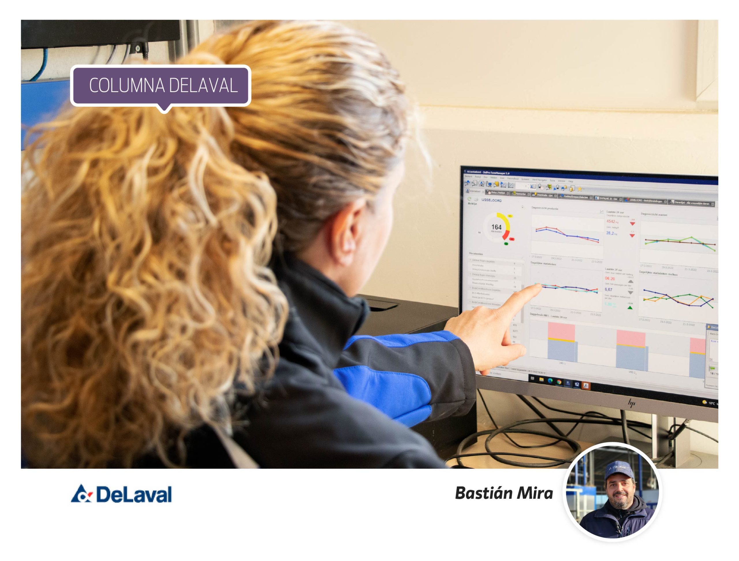 Profesional revisando indicadores de desempeño de lechería robótica en pantalla de monitoreo DeLaval
