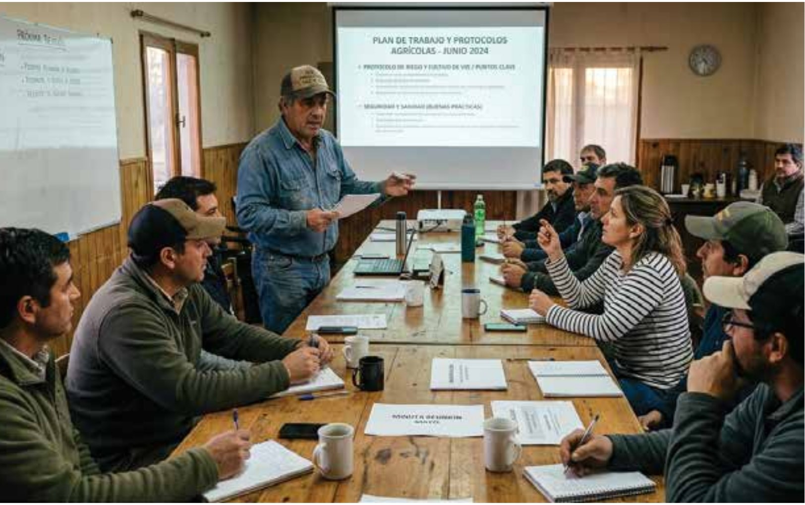 Productores agropecuarios debatiendo sobre protocolo familiar en reunión mensual con papeles y presentación