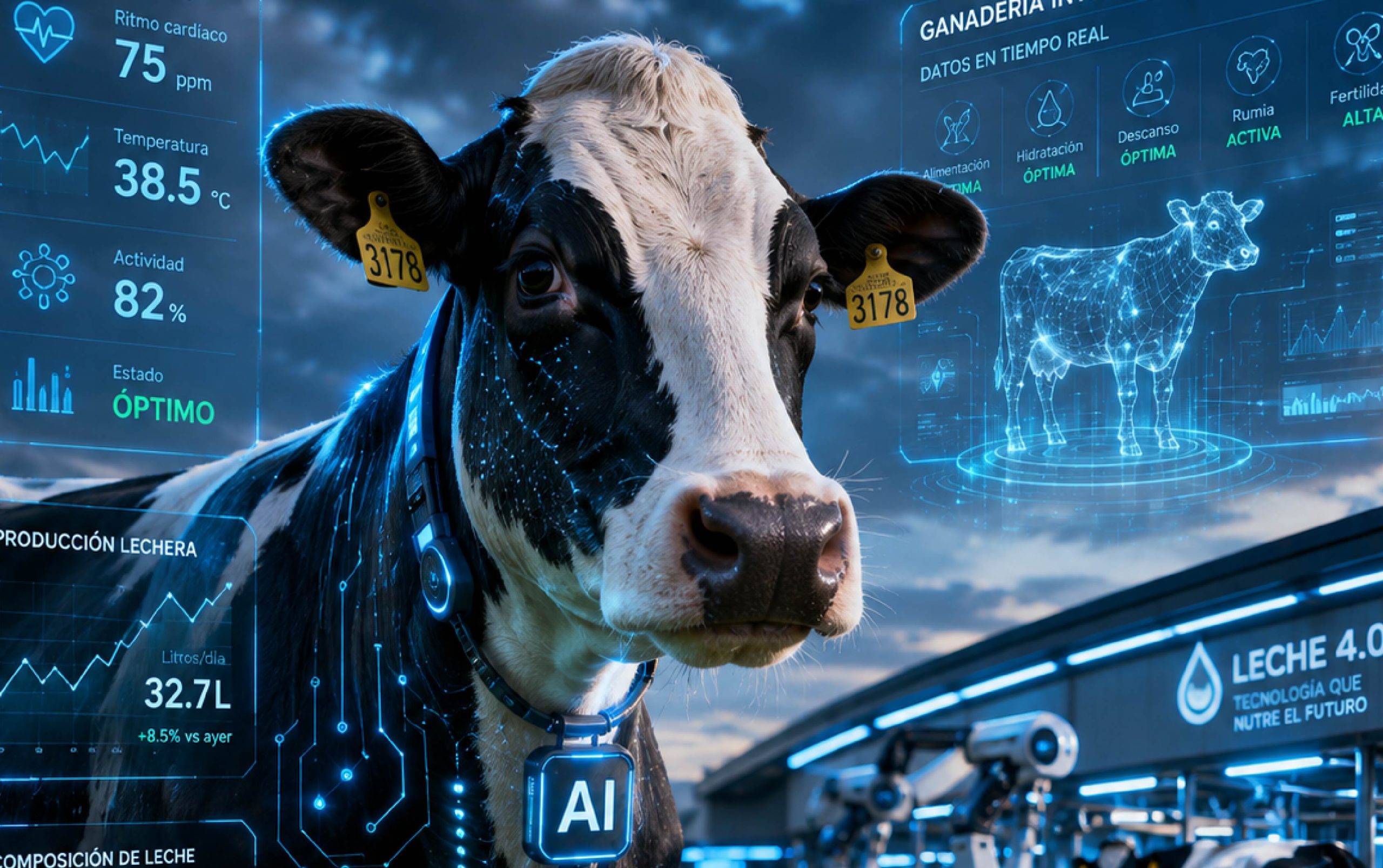 Vaca lechera con datos en tiempo real generados por inteligencia artificial en granja tecnológica