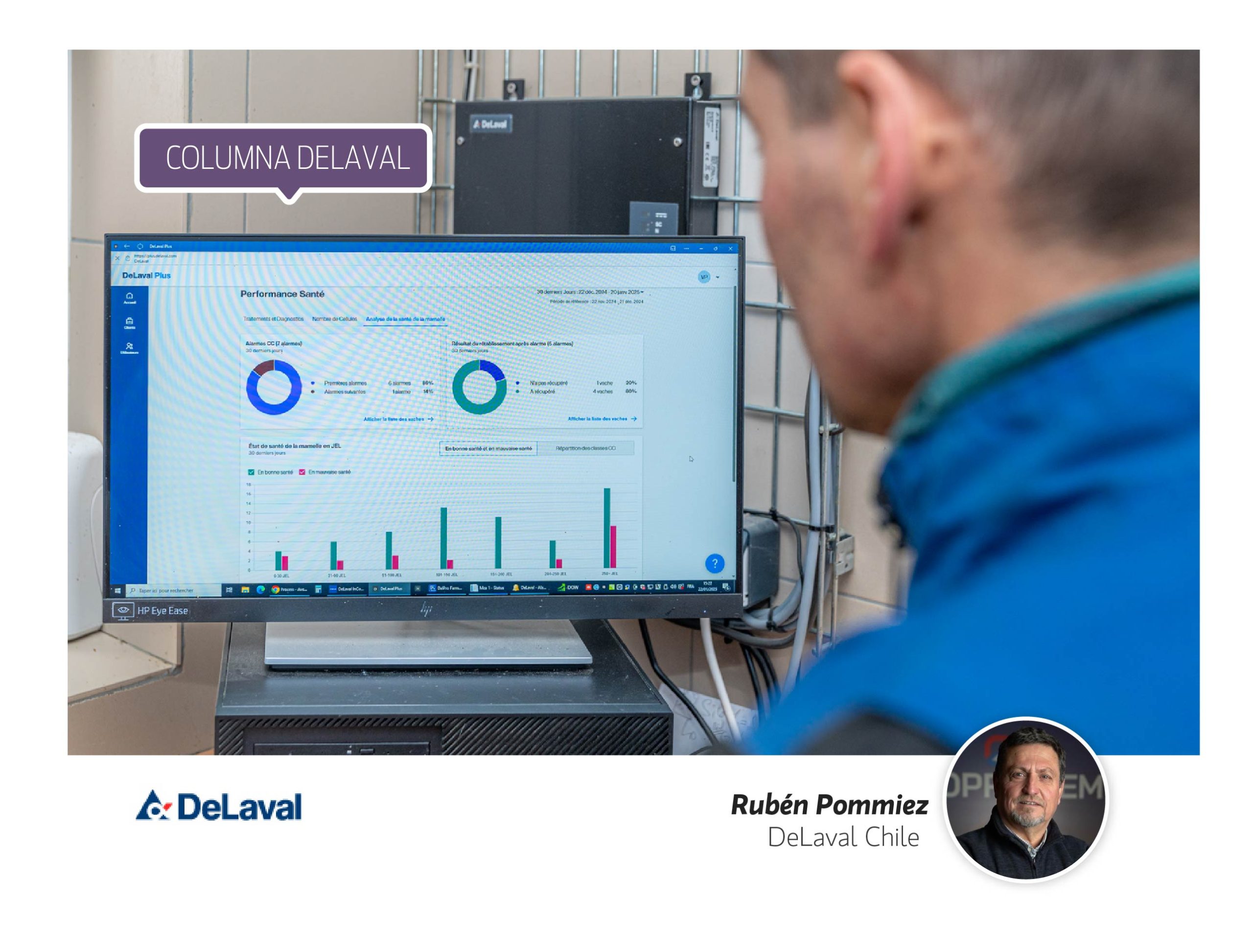 Técnico revisando datos del sistema de ordeño robótico VMS V300 de DeLaval en pantalla