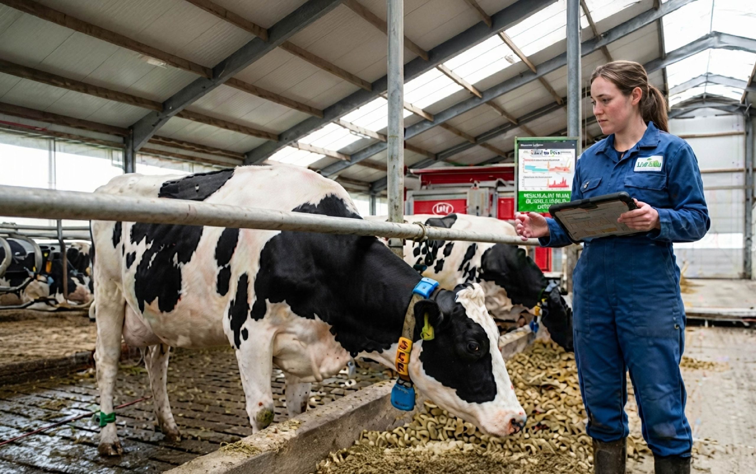 Técnica revisando datos en tablet junto a vacas en establo, sobre el nuevo paradigma en producción de leche